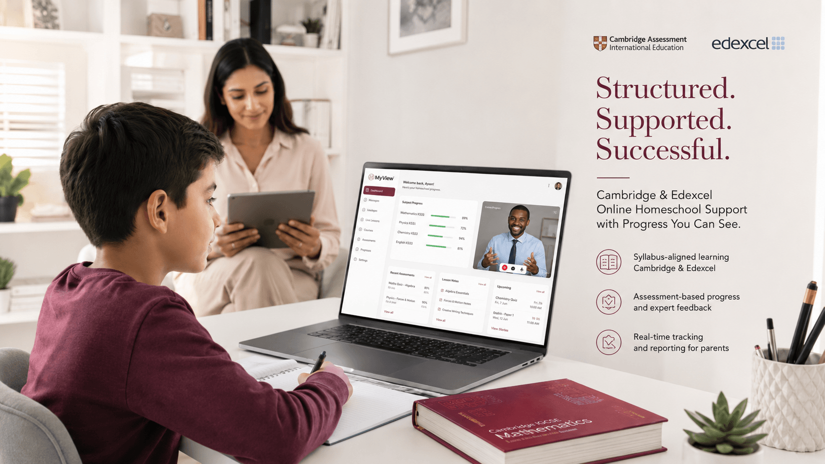 Student receiving structured online homeschool support with online tutor, syllabus tracking, and parent progress visibility